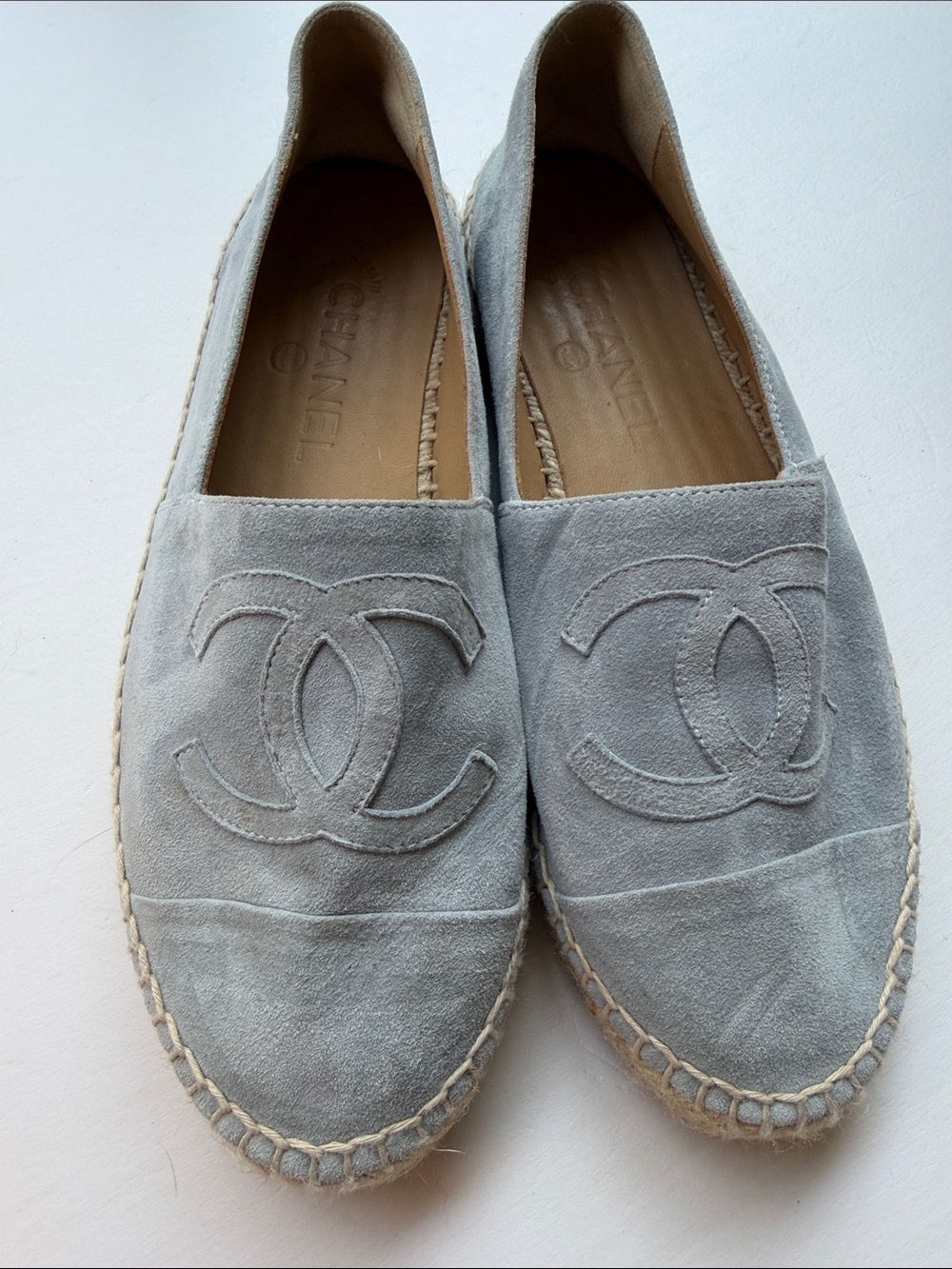 CHANEL Light Gray Suede Espadrille Flats with CC Logo